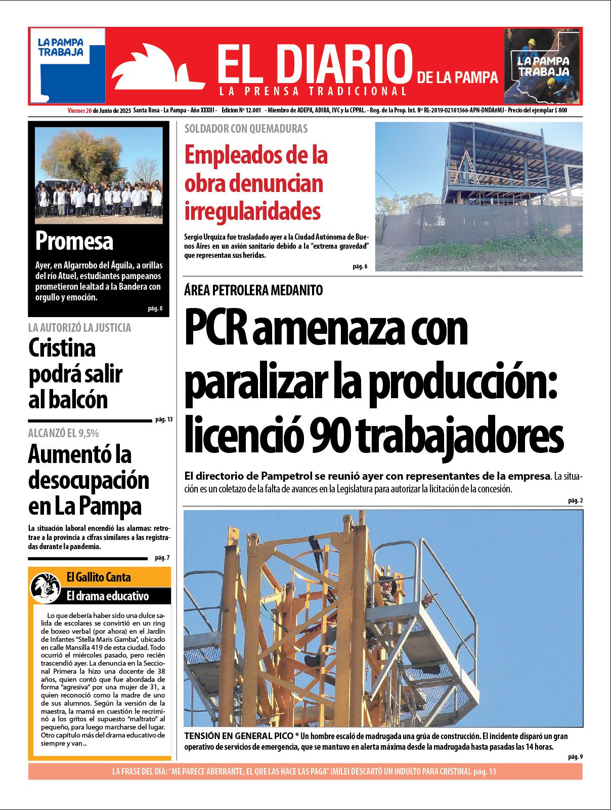 Tapa de El Diario en papel  viernes 20 de junio de 2025